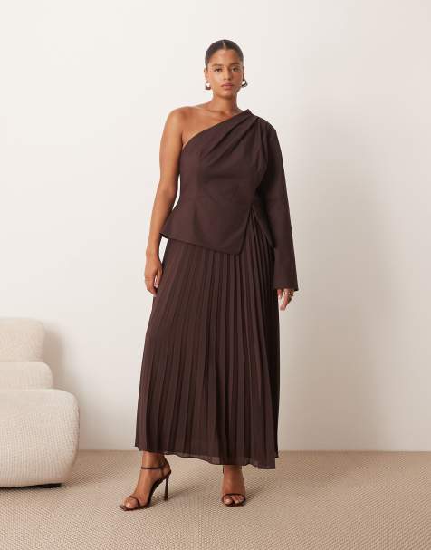 ARRANGE Curve sculpted one shoulder maxi dress with micro pleat hem in chocolate - view 1