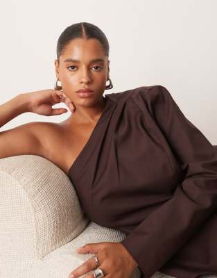 Arrange Curve Sculpted One Shoulder Maxi Dress With Micro Pleat Hem In Brown