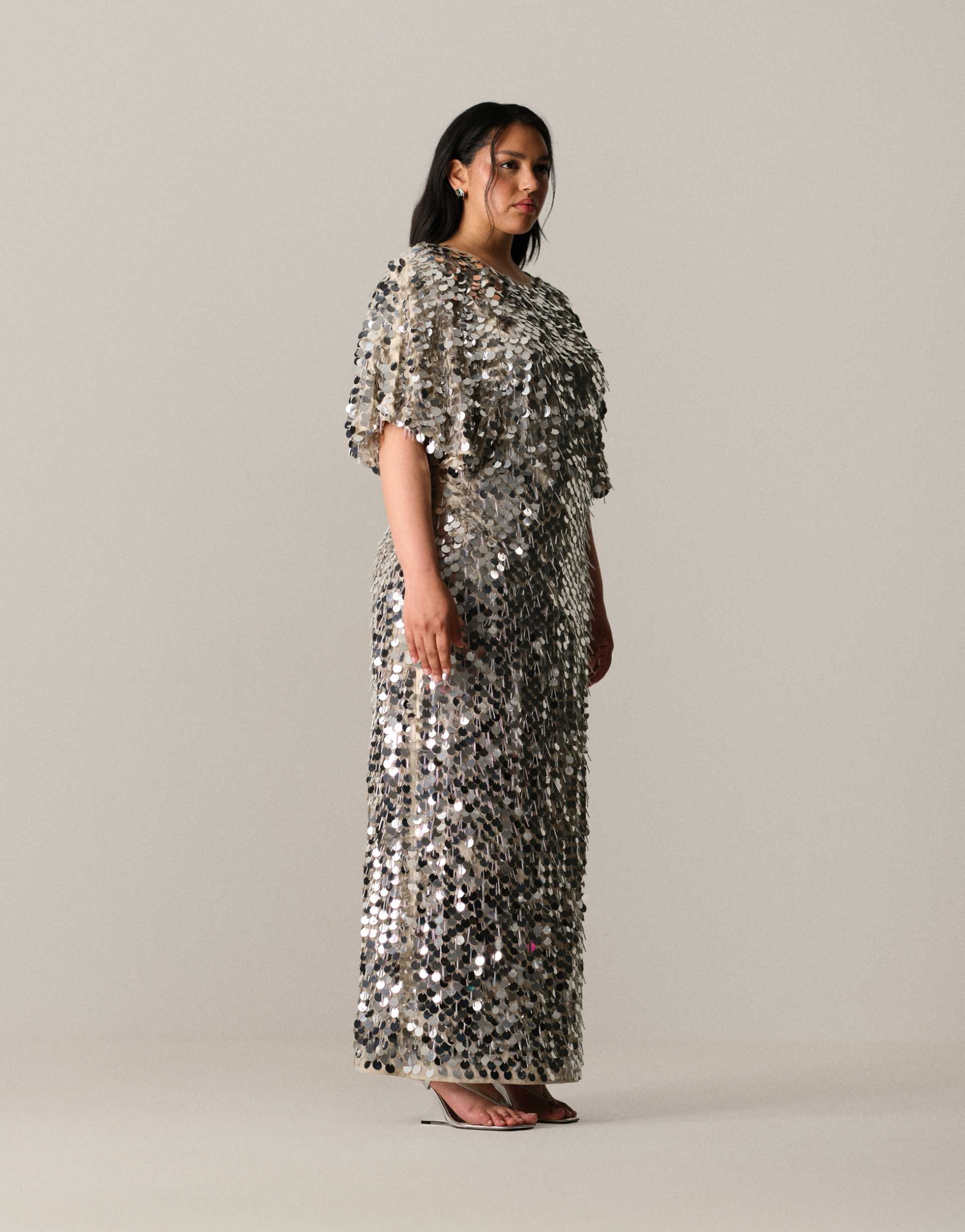 arrange curve sequin and fringe strong shoulder maxi dress in silver