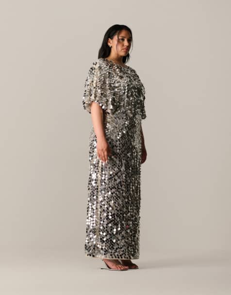 ARRANGE Curve sequin and fringe strong shoulder maxi dress in silver