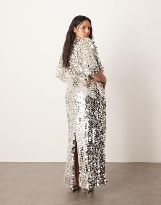ARRANGE Curve sequin and fringe strong shoulder maxi dress in silver