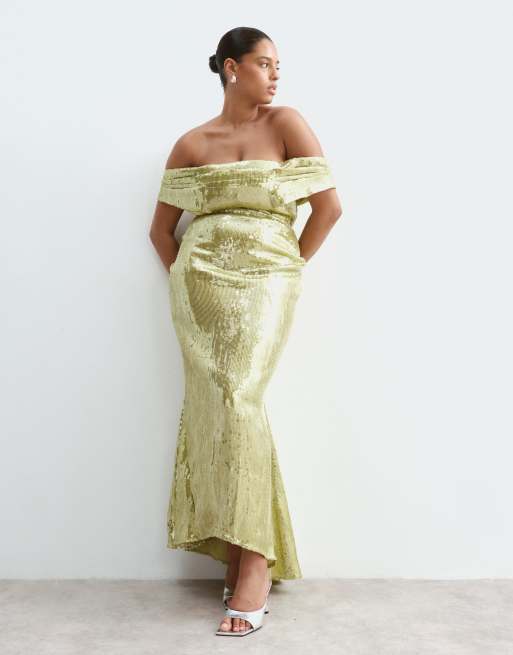 ARRANGE Curve sequin draped bardot maxi dress in lime green, 3 of 5