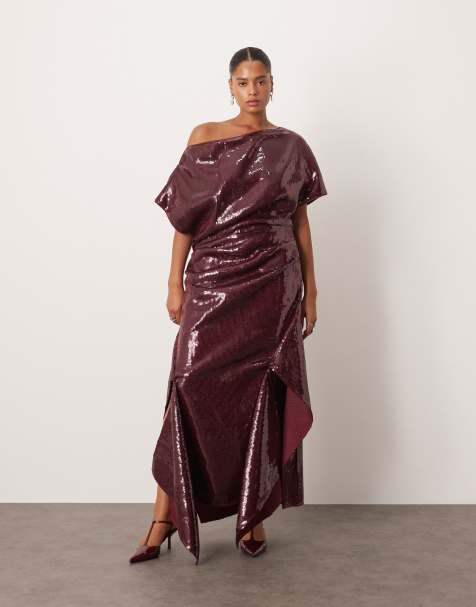 ARRANGE Curve sequin draped bodice square cut hem midi dress in red - view 1