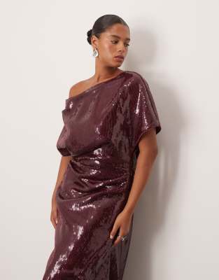 Arrange Curve Sequin Draped Bodice Square Cut Hem Midi Dress In Burgundy