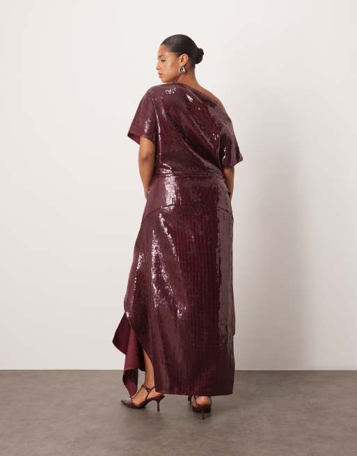 ARRANGE Curve sequin draped bodice square cut hem midi dress in red