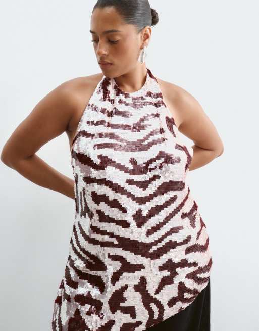 ARRANGE Curve sequin embellished asymmetric halter top in pink animal print, 3 of 5