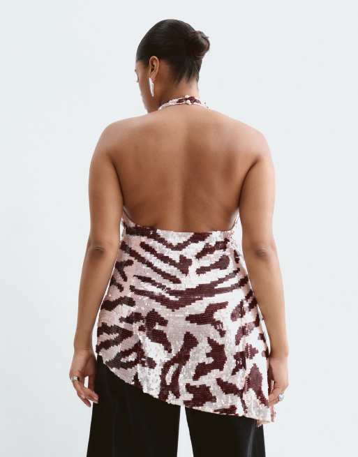 ARRANGE Curve sequin embellished asymmetric halter top in pink animal print, 4 of 5