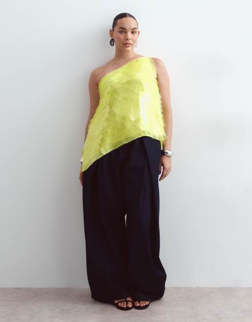 ARRANGE Curve shard sequin minimal one shoulder top in lime, 2 of 4