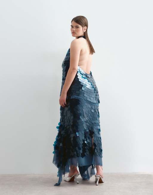 ARRANGE Curve shard sequin square cut hem midi skirt co-ord in petrol blue, 3 of 5