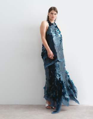Arrange Curve Shard Sequin Square Cut Hem Midi Skirt Set In Blue