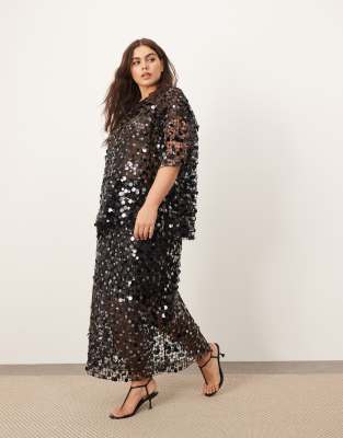 Arrange Curve Sheer Grid Sequin Maxi Skirt In Black