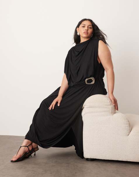 ARRANGE Curve sleeveless draped hem midi dress with buckle trim detail in black - view 1