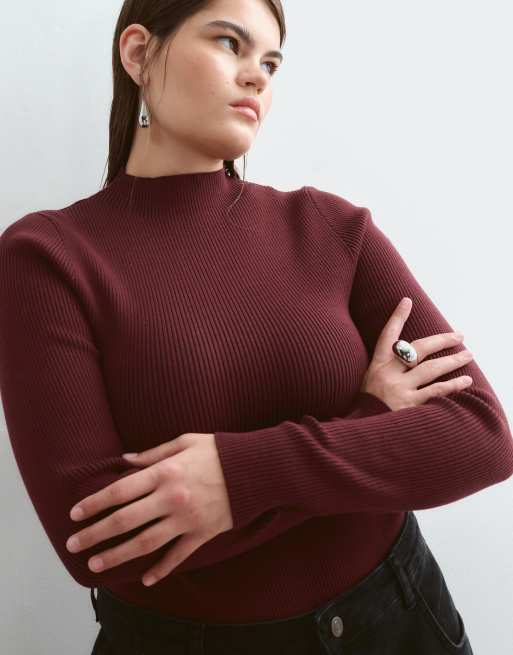 ARRANGE Curve soft knit long sleeve bodysuit in burgundy, 3 of 5