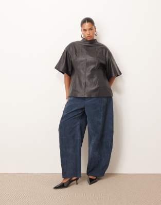 Arrange Curve Soft Leather High Neck Top With Nipped-in Waist In Black
