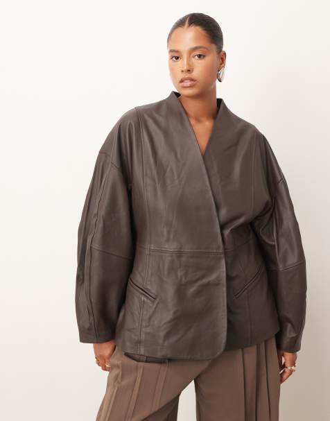 ARRANGE Curve soft leather jacket with cinched waist and ovoid sleeves in chocolate - view 1