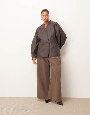 Arrange Curve Soft Leather Jacket With Cinched Waist And Ovoid Sleeves In Brown