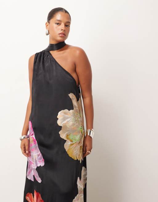 ARRANGE Curve - Sort oneshoulder-maxikjole med superstort blomsterbroderi og tørklædehals, 3 af 4