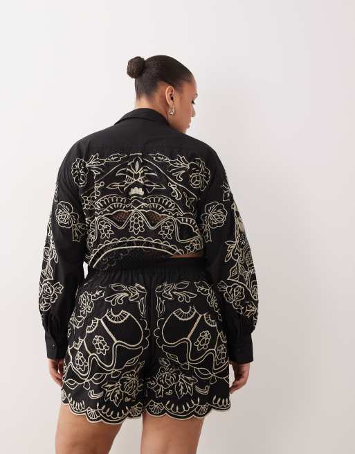 ARRANGE Curve - Sorte shorts med broderi og cutwork-design i bomuld - Del af sæt, 5 af 5