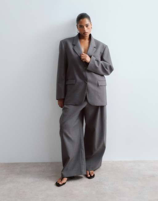 ARRANGE Curve premium oversized wool blazer and tailored trouser with contrast stripe lining in grey, 2 of 3