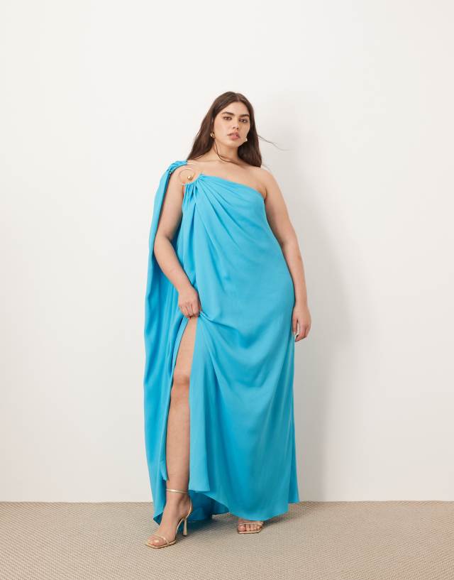 ARRANGE Curve spiral trim one shoulder maxi dress in turquoise blue | ASOS