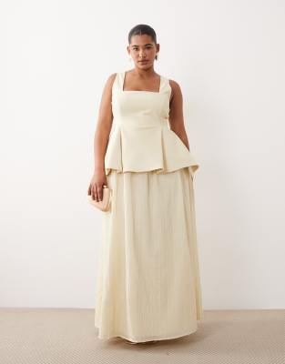 Arrange Curve Square Neck Maxi Dress With Linear Jacquard Skirt In White
