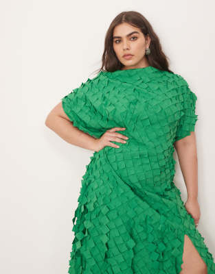 Arrange Curve Square Texture Fringe Hem Midaxi Dress With Slit In Green