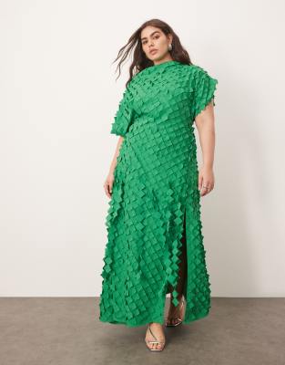 Arrange Curve Square Texture Fringe Hem Midaxi Dress With Slit In Green