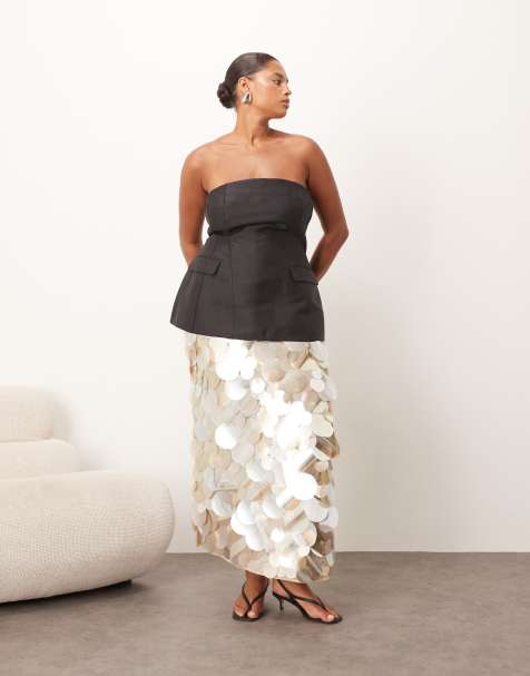 ARRANGE Curve mirror paillette column maxi skirt in silver