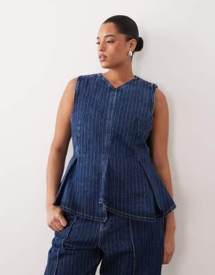 ARRANGE Curve stitch stripe denim pleated v neck top co-ord in washed blue stripe