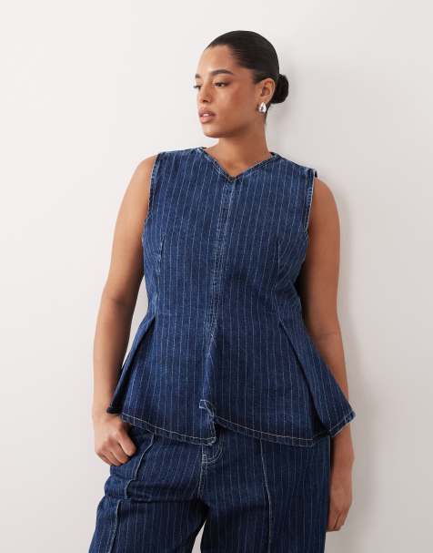 ARRANGE Curve stitch stripe denim pleated v neck top co-ord in washed blue stripe - view 1