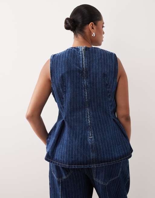 ARRANGE Curve stitch stripe denim pleated v neck top co-ord in washed blue stripe, 2 of 4