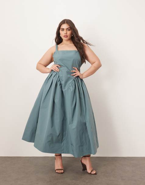 ARRANGE Curve strappy ruched bodice full skirt maxi dress in dusky blue