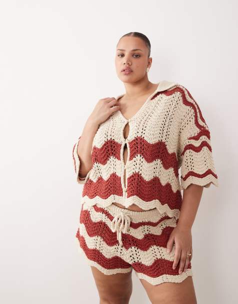 ARRANGE Curve stripe crochet top in rust and beige - part of a set - view 1