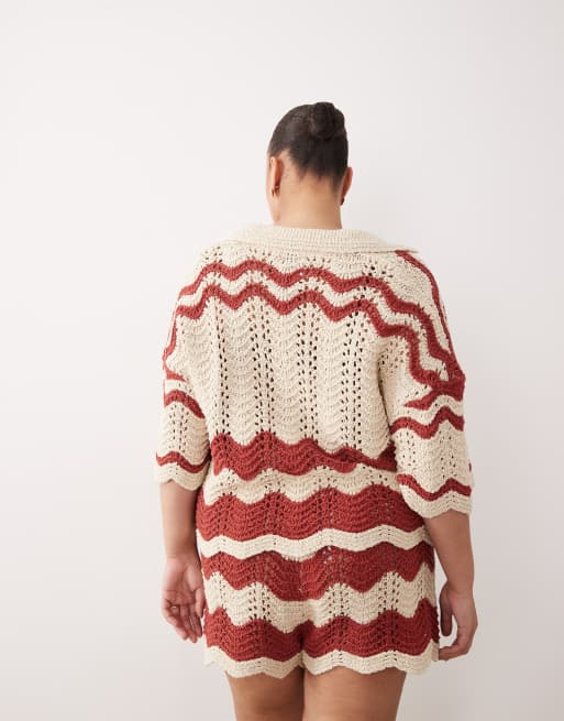 ARRANGE Curve stripe crochet top in rust and beige (part of a set), 4 of 4