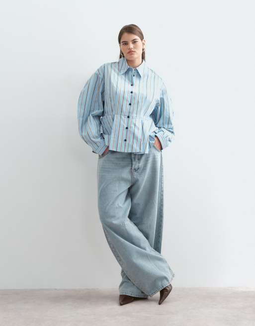 ARRANGE Curve structured collared peplum shirt with contrast buttons in blue stripe, 4 of 5