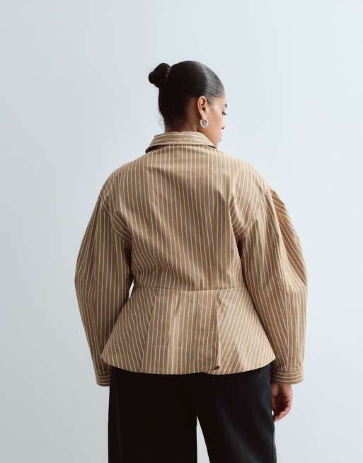 ARRANGE Curve structured collared peplum shirt with contrast buttons in camel stripe, 4 of 4