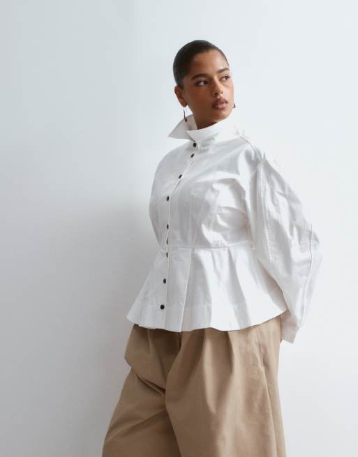 ARRANGE Curve structured collared peplum shirt with contrast buttons in white, 3 of 4