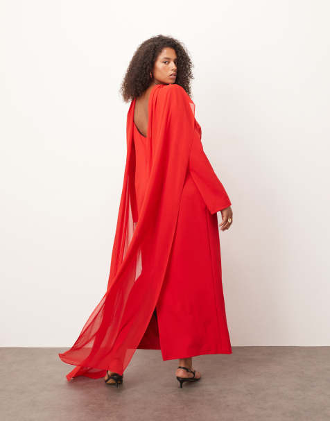 ARRANGE Curve structured crepe long sleeve maxi dress with chiffon overlay in red - view 1