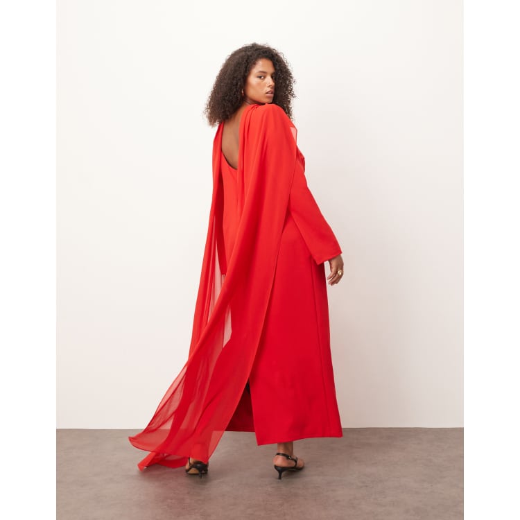 ARRANGE structured crepe long sleeve maxi dress with chiffon overlay in red