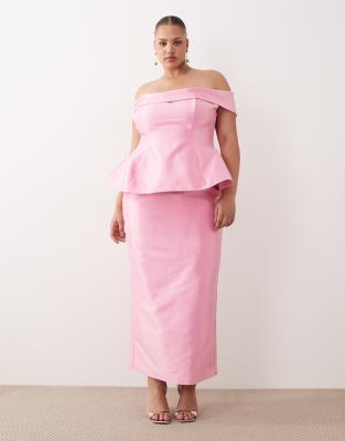 Arrange Curve Structured Off-the-shoulder Satin Maxi Dress In Pink