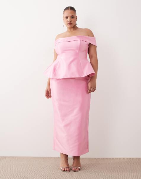 ARRANGE Curve structured off the shoulder satin maxi dress in pink - view 1