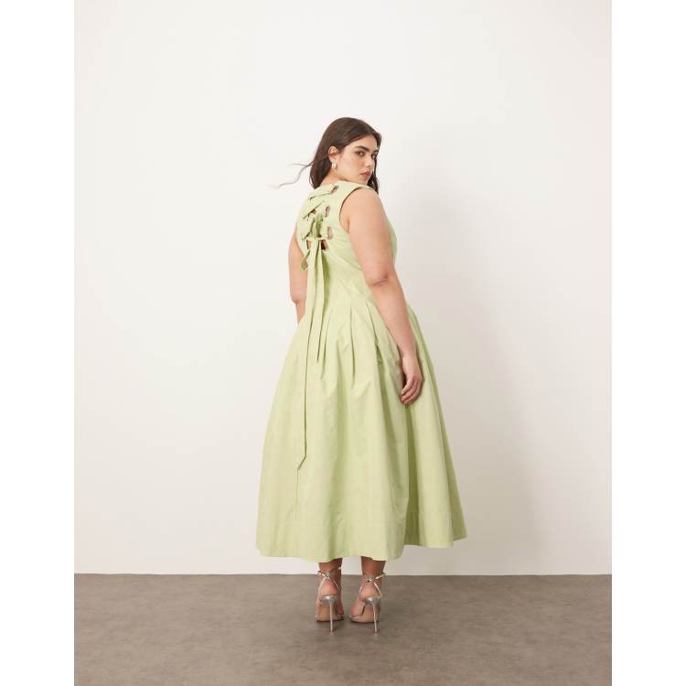 ARRANGE Curve structured plunge midi dress with eyelet detail in pistachio  green | ASOS