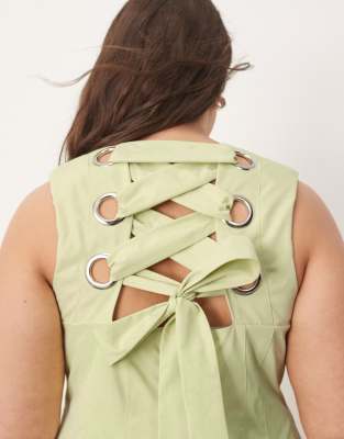 Arrange Curve Structured Plunge Midi Dress With Eyelet Detail In Green