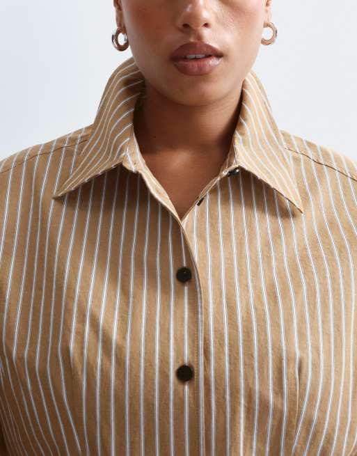 ARRANGE Curve struktureret skjorte med krave og peplum med kontrastknapper i camel-stribe, 3 af 4