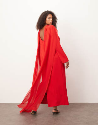 ARRANGE Curve - Strukturiertes, langärmliges Crepe-Maxikleid in Rot mit Chiffon-Overlay