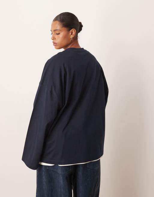 ARRANGE Curve - T-shirt à manches longues oversize en coton - Bleu marine, 3 de 4