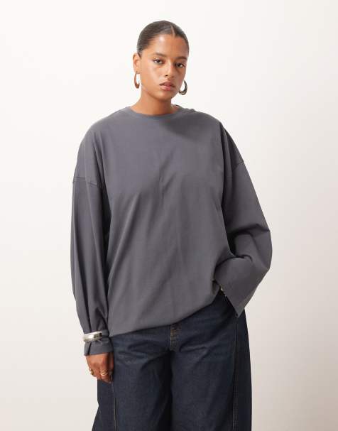 ARRANGE Curve - T-shirt a maniche lunghe oversize in cotone grigio antracite - view 1
