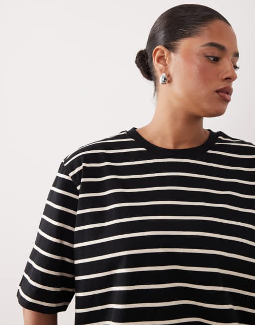 ARRANGE Curve - T-shirt à rayures oversize en tissu épais de qualité supérieure - Noir, 3 de 4