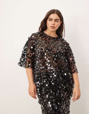 Curve - T-shirt d'ensemble transparent effet quadrillé orné de sequins - Noir 46