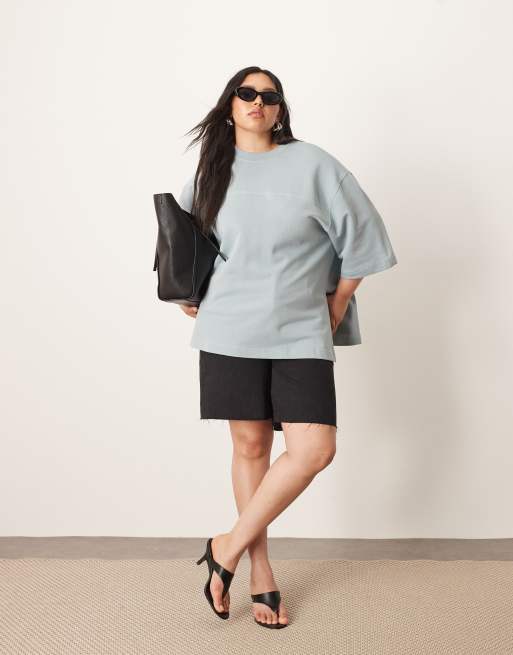 ARRANGE Curve - T-shirt oversize à surpiqûres en tissu épais - Bleu, 2 de 4